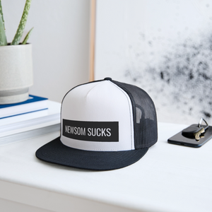 Newsom Sucks Trucker Hat - white/black