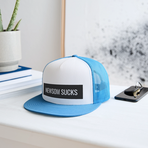 Newsom Sucks Trucker Hat - white/blue
