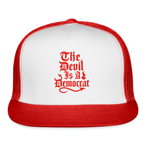The Devil Is A Democrat Trucker Hat - white/red