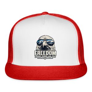 Freedom looks even better with a little attitude. 🇺🇸 trucker hat - white/red