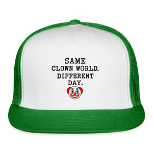 Same Clown World, Different Day Trucker Hat - white/kelly green