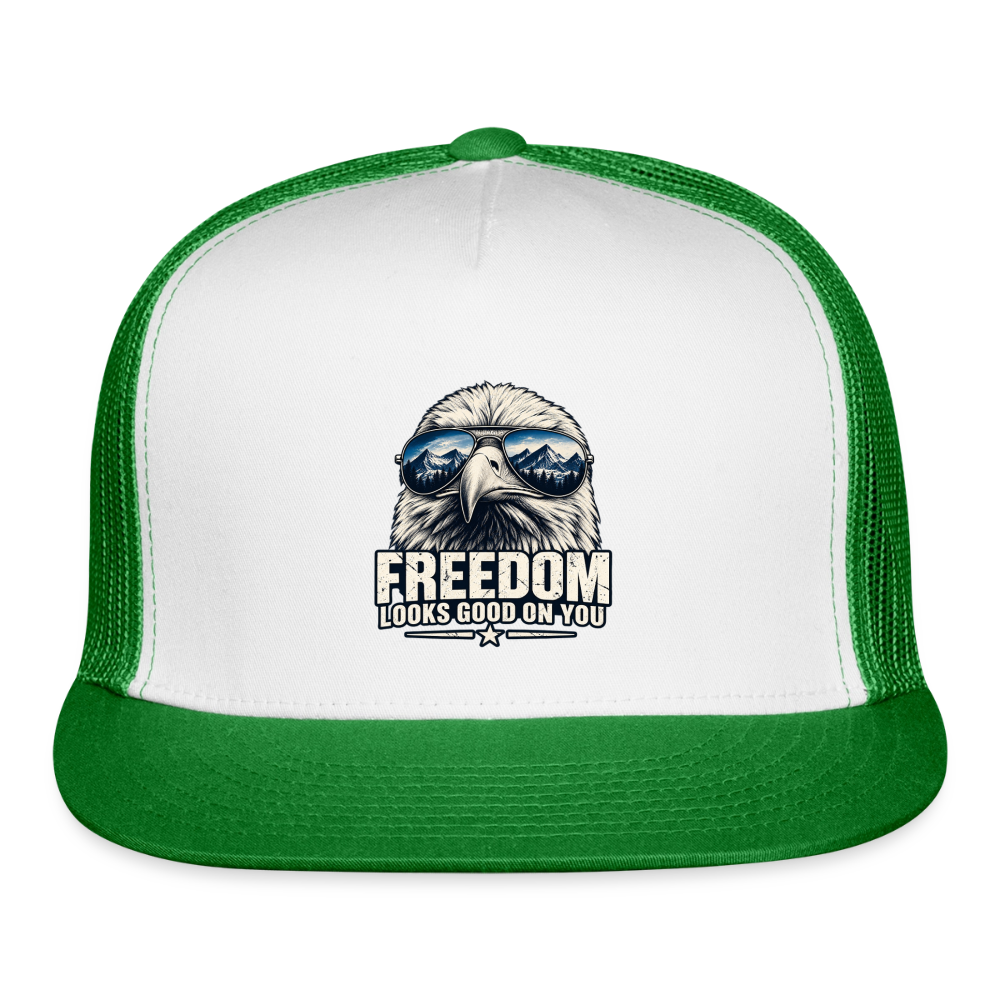 Freedom looks even better with a little attitude. 🇺🇸 trucker hat - white/kelly green