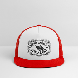 If Genders Confuse You, Go Milk a Bull Printed Trucker Hat - white/red