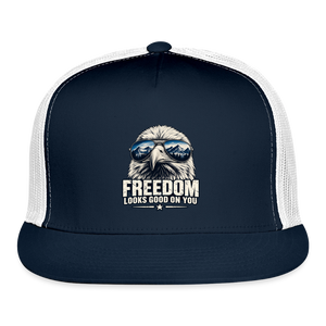 Freedom looks even better with a little attitude. 🇺🇸 trucker hat - navy/white