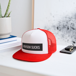 Newsom Sucks Trucker Hat - white/red