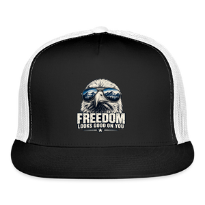 Freedom looks even better with a little attitude. 🇺🇸 trucker hat - black/white
