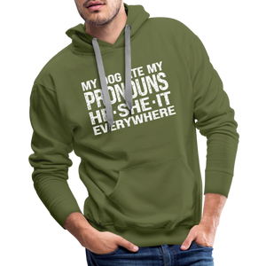 My Dog Ate My Pronouns He She It Everywhere - Funny Men’s Premium Hoodie - olive green