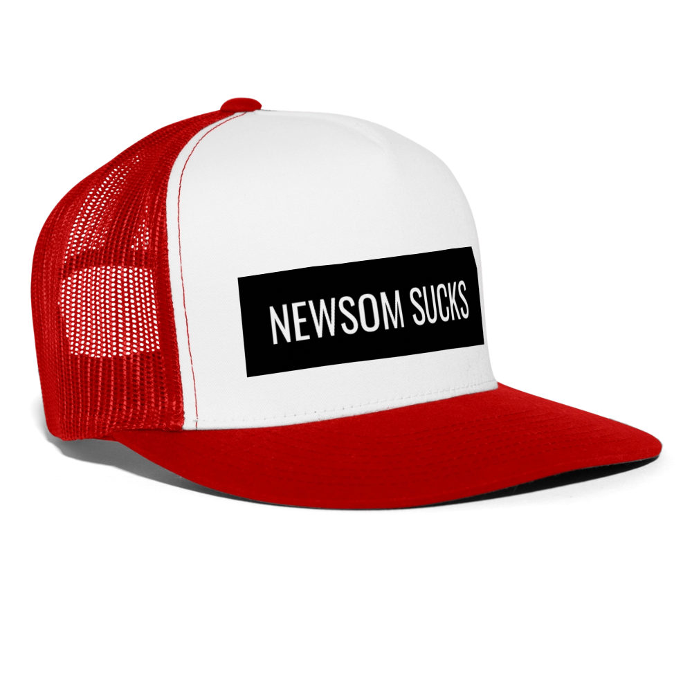Newsom Sucks Trucker Hat - white/red
