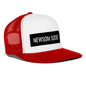 Newsom Sucks Trucker Hat - white/red
