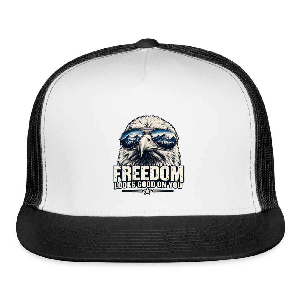 Freedom looks even better with a little attitude. 🇺🇸 trucker hat - white/black