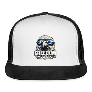 Freedom looks even better with a little attitude. 🇺🇸 trucker hat - white/black