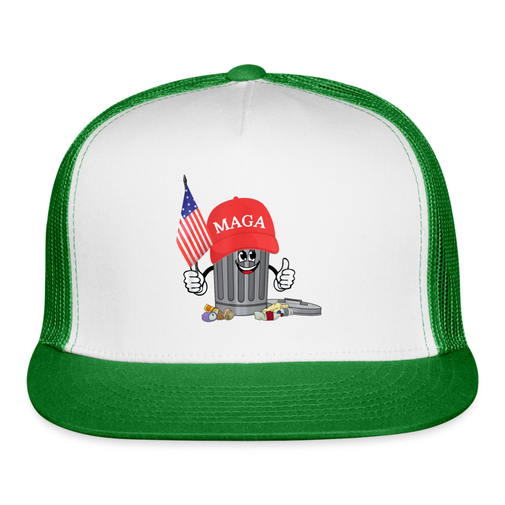 MAGA Garbage Can Funny Trucker Hat - white/kelly green