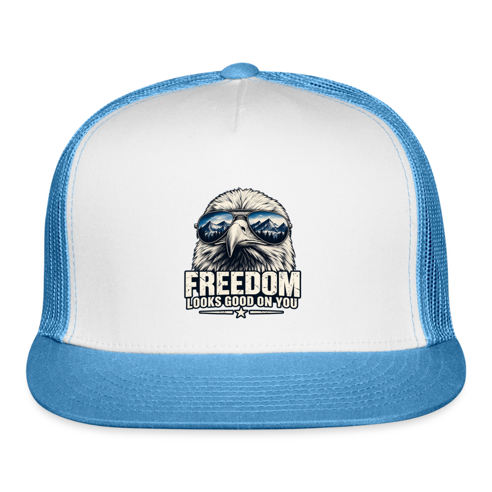 Freedom looks even better with a little attitude. 🇺🇸 trucker hat - white/blue