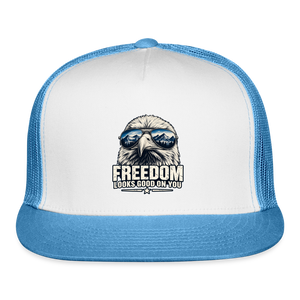Freedom looks even better with a little attitude. 🇺🇸 trucker hat - white/blue