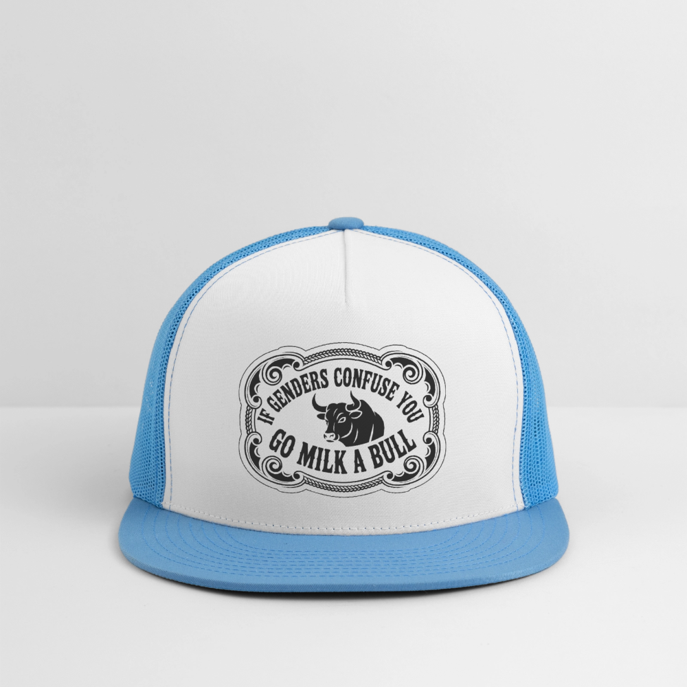 If Genders Confuse You, Go Milk a Bull Printed Trucker Hat - white/blue