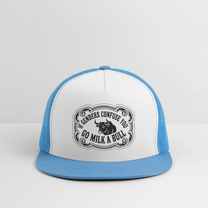 If Genders Confuse You, Go Milk a Bull Printed Trucker Hat - white/blue