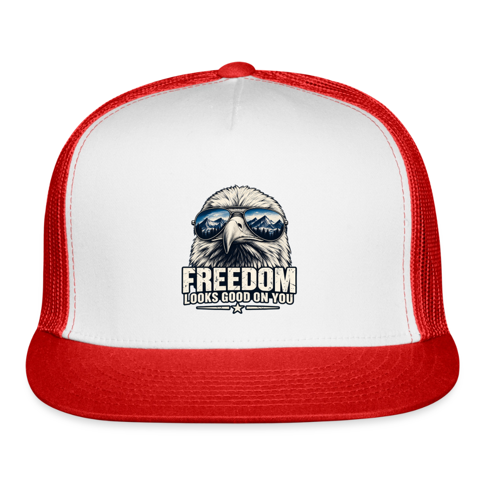 Freedom looks even better with a little attitude. 🇺🇸 trucker hat - white/red