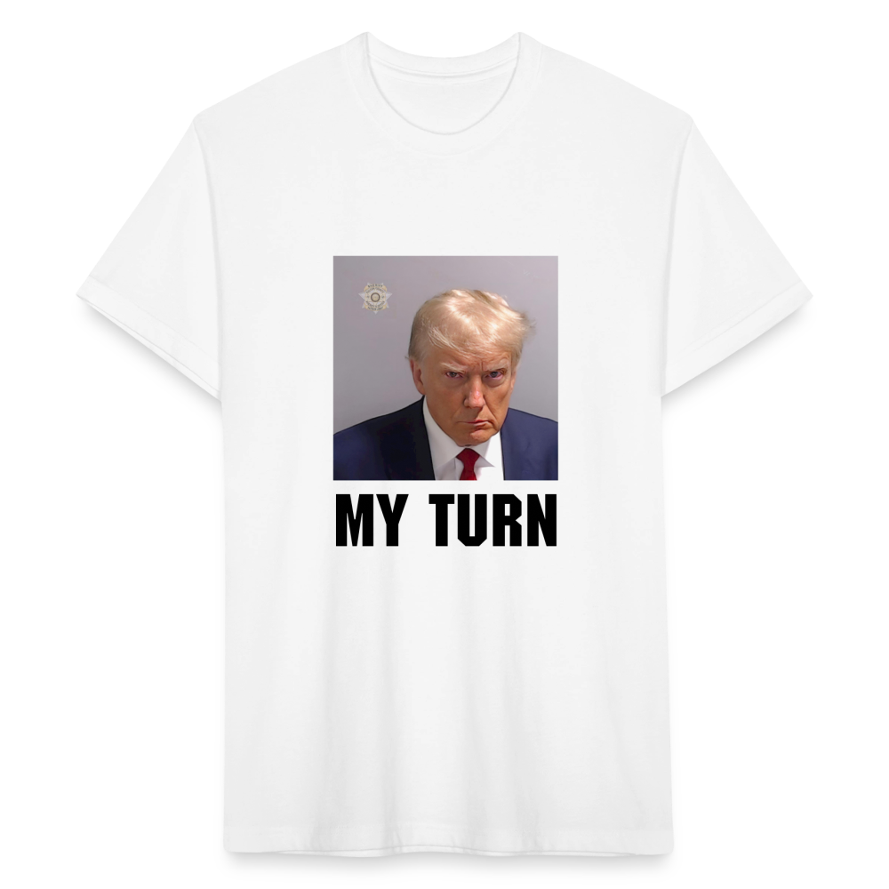 Trump Mugshot - My Turn Fitted Cotton/Poly T-Shirt by Next Level - white