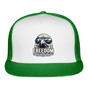 Freedom looks even better with a little attitude. 🇺🇸 trucker hat - white/kelly green