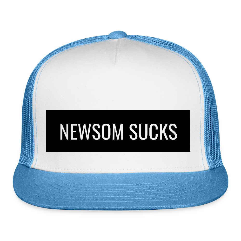 Newsom Sucks Trucker Hat - white/blue