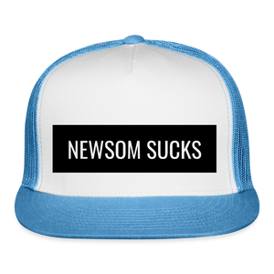 Newsom Sucks Trucker Hat - white/blue