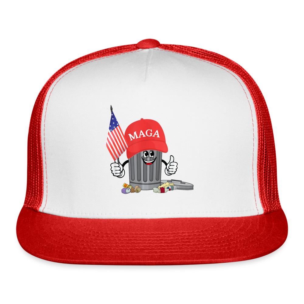 MAGA Garbage Can Funny Trucker Hat - white/red