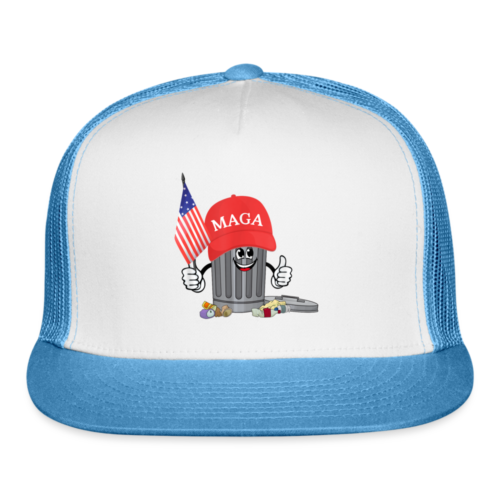 MAGA Garbage Can Funny Trucker Hat - white/blue