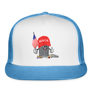 MAGA Garbage Can Funny Trucker Hat - white/blue