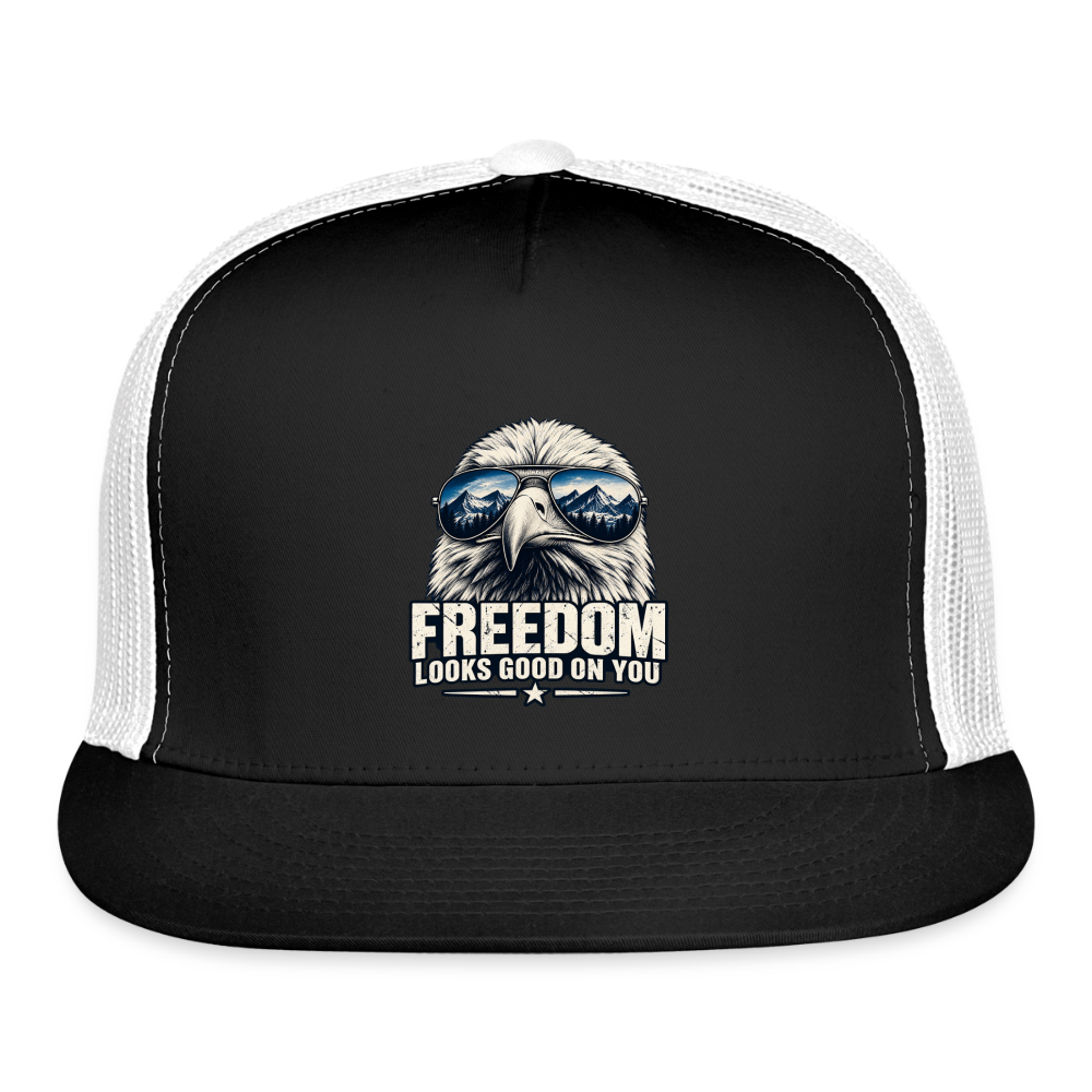 Freedom looks even better with a little attitude. 🇺🇸 trucker hat - black/white