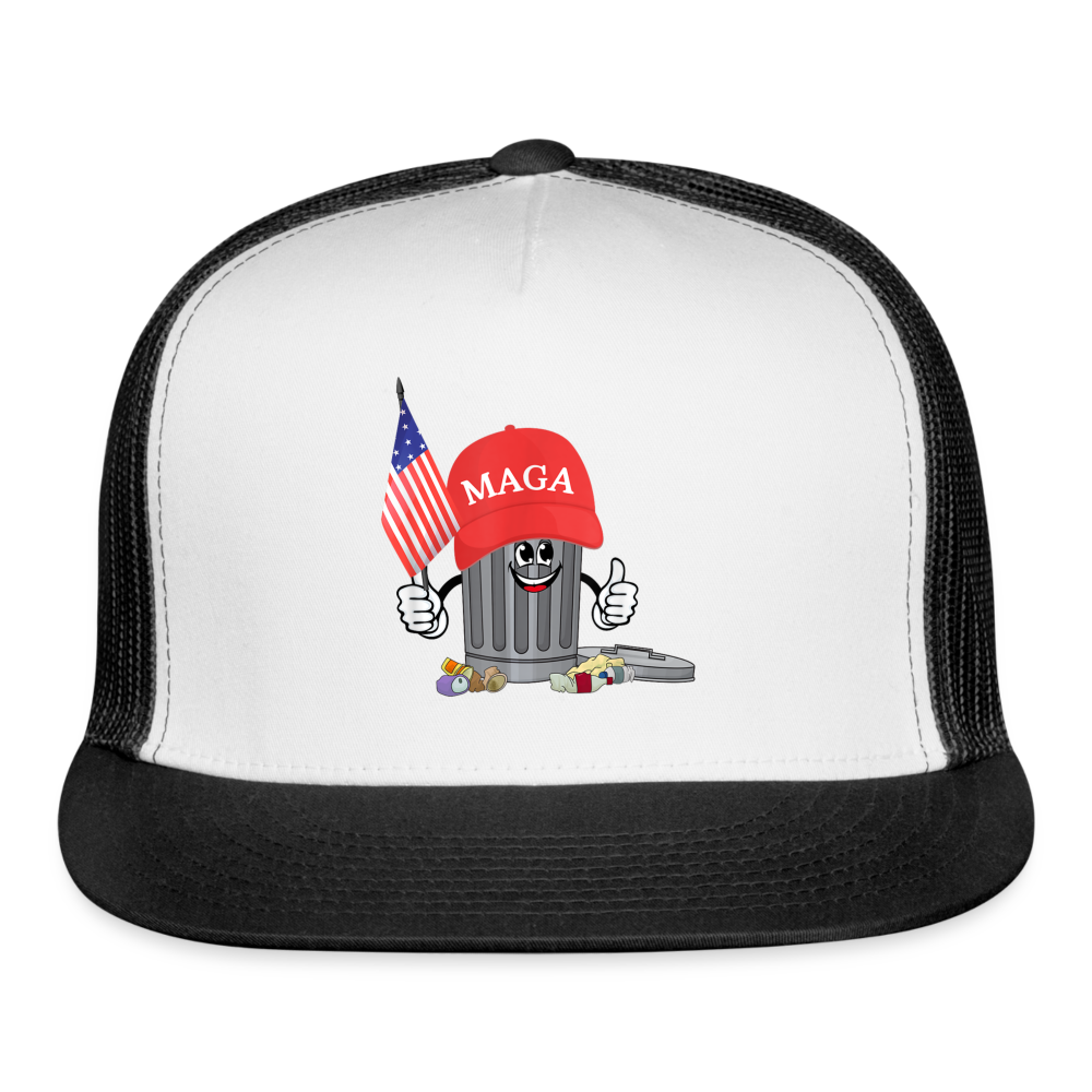 MAGA Garbage Can Funny Trucker Hat - white/black