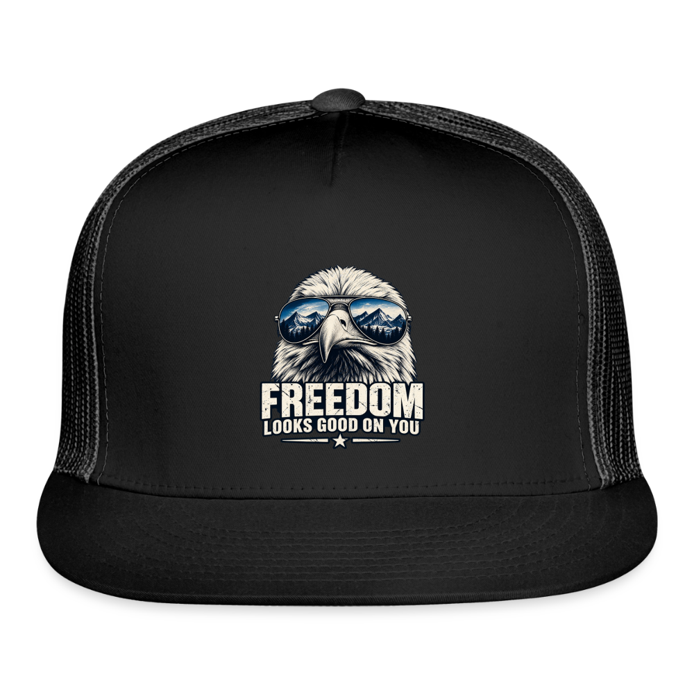 Freedom looks even better with a little attitude. 🇺🇸 trucker hat - black/black
