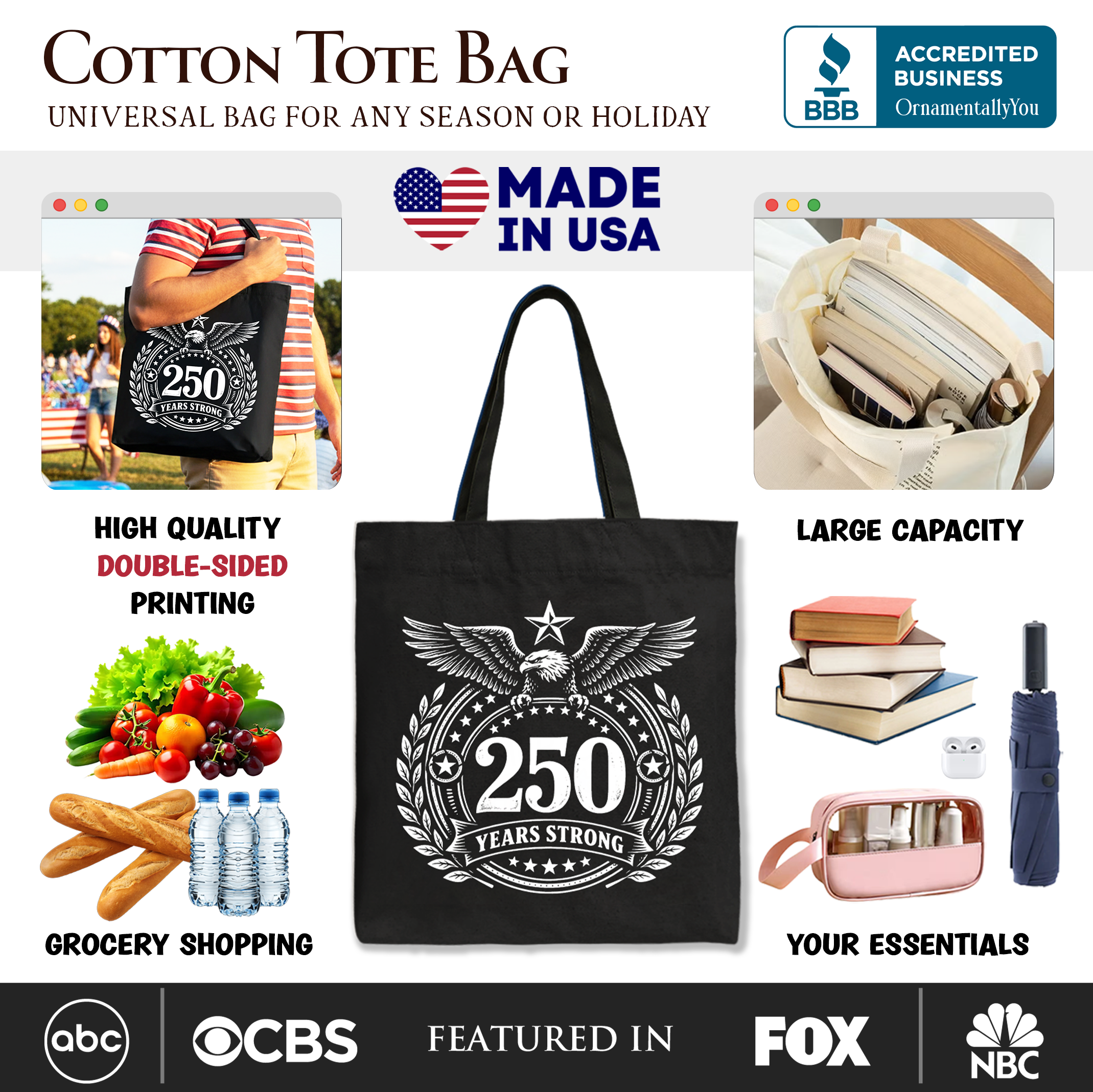 America 250 Years Strong Eagle Tote Bag, 4th of July USA Patriotic 1776–2026 Gift Shopper