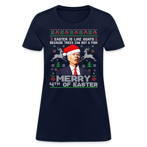 Santa Joe Biden Merry 4th Of Easter Funny Christmas Quote Women's T-Shirt - navy