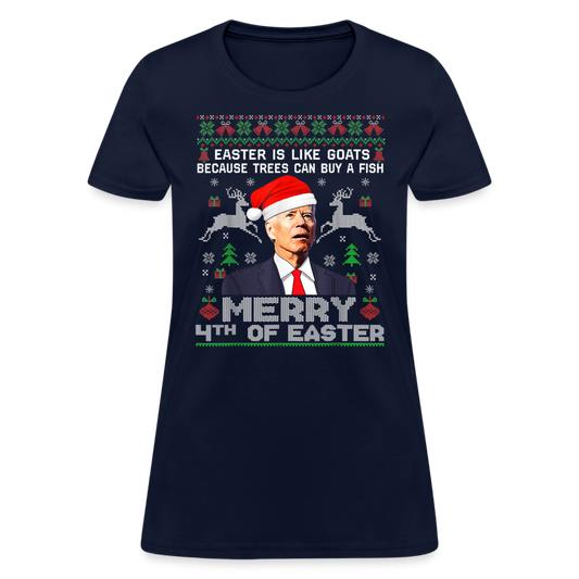 Santa Joe Biden Merry 4th Of Easter Funny Christmas Quote Women's T-Shirt - navy