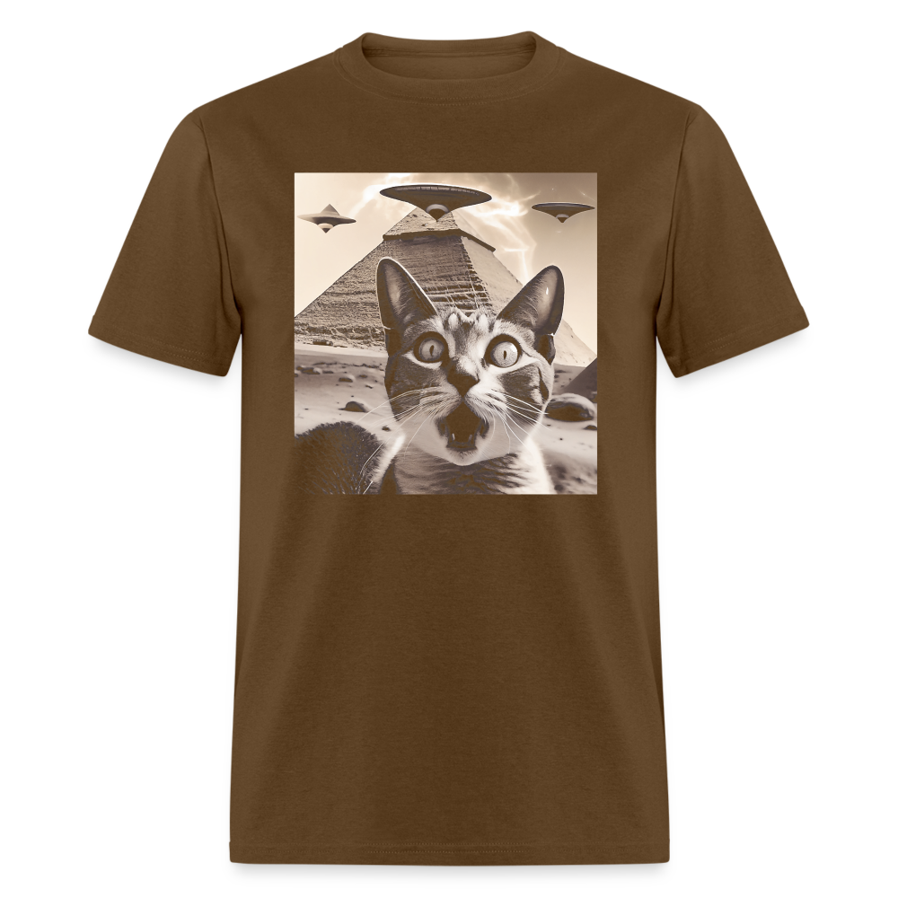 Funny Cat UFO Egypt Pyramids Classic T-Shirt - brown