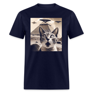 Funny Cat UFO Egypt Pyramids Classic T-Shirt - navy