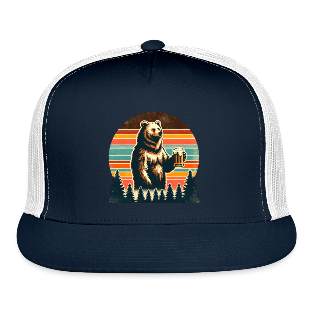 Funny Bear with Beer Trucker Cap - navy/white