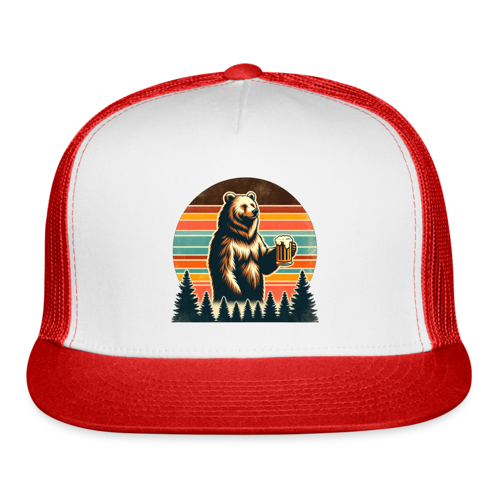 Funny Bear with Beer Trucker Cap - white/red