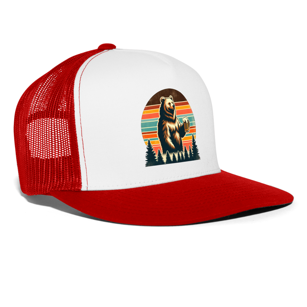 Funny Bear with Beer Trucker Cap - white/red